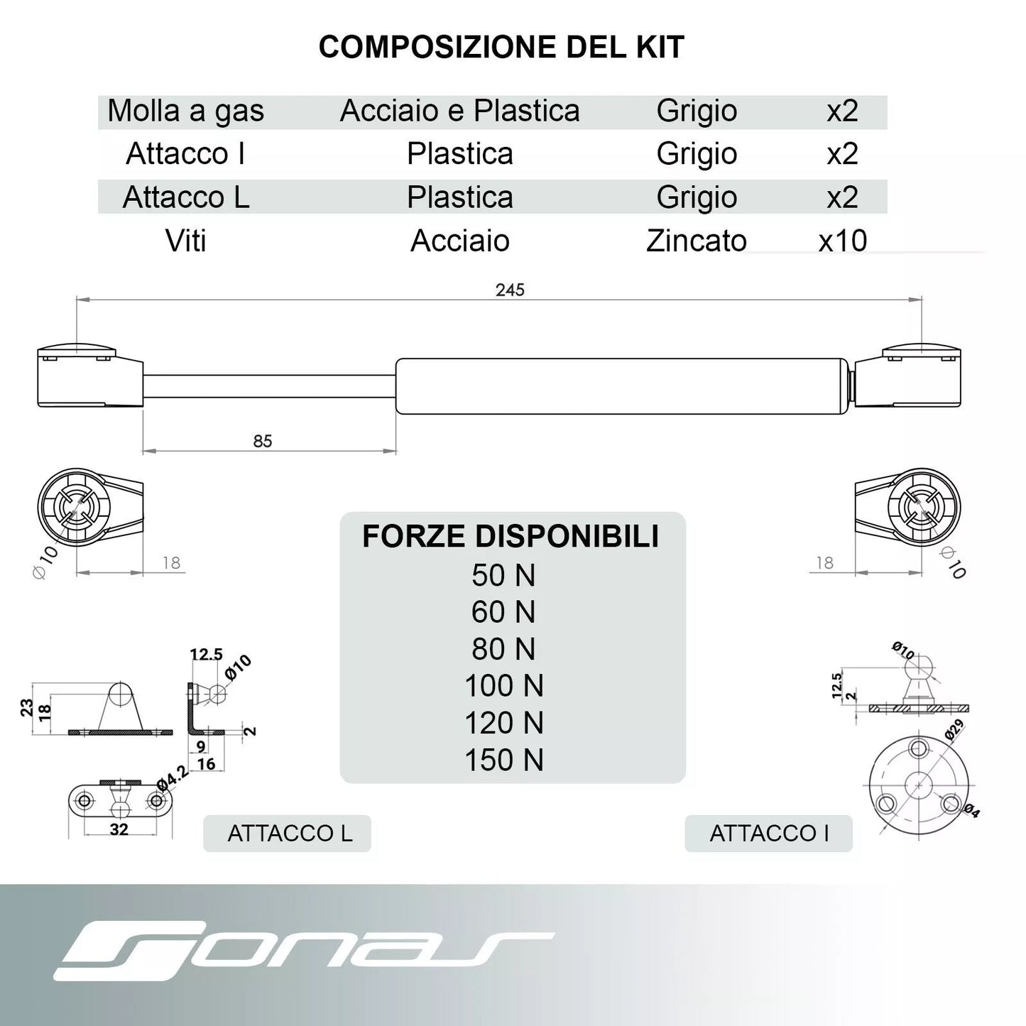 Set X 2 PCS Molle a Gas, Pistoni a Gas per Ante Cucina, Mobili Sonas srl